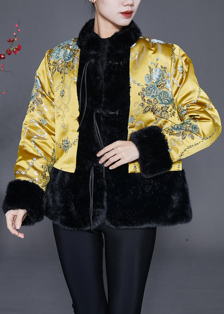 Vintage Yellow Tasseled Patchwork Faux Fur Jacket Winter