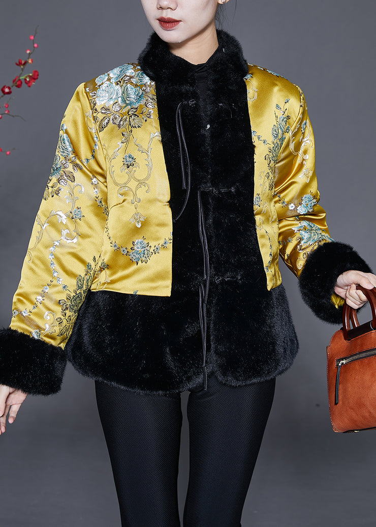 Vintage Yellow Tasseled Patchwork Faux Fur Jacket Winter
