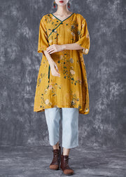 Vintage Yellow Tasseled Print Linen Dresses Summer