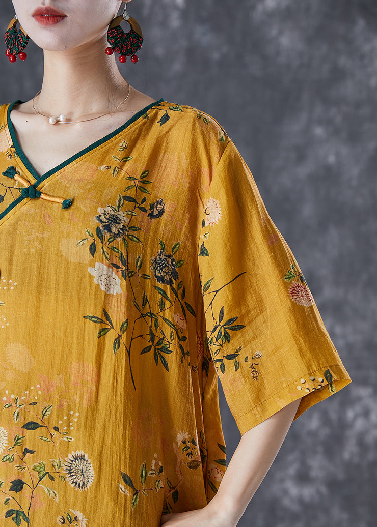 Vintage Yellow Tasseled Print Linen Dresses Summer