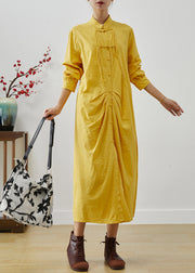 Vintage Yellow Tasseled Wrinkled Cotton Shirt Dress Fall