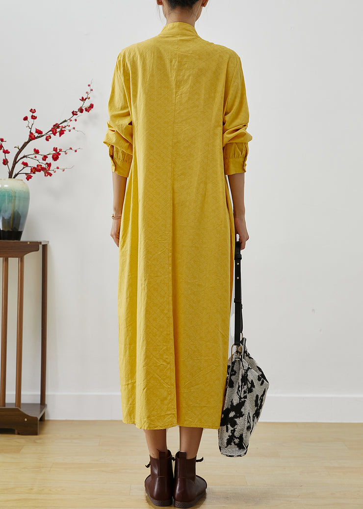 Vintage Yellow Tasseled Wrinkled Cotton Shirt Dress Fall