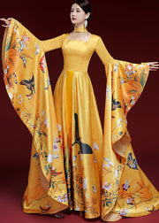 Vintage Yellow Tassels Butterfly Print Long Dress Long Sleeve