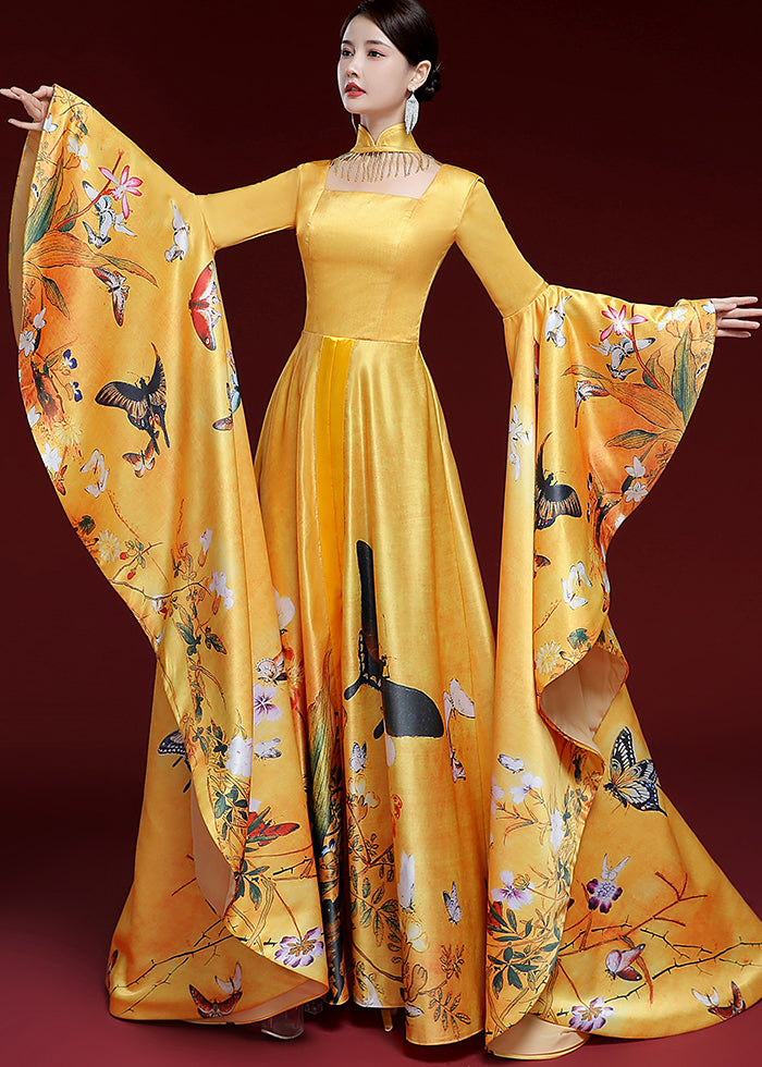 Vintage Yellow Tassels Butterfly Print Long Dress Long Sleeve
