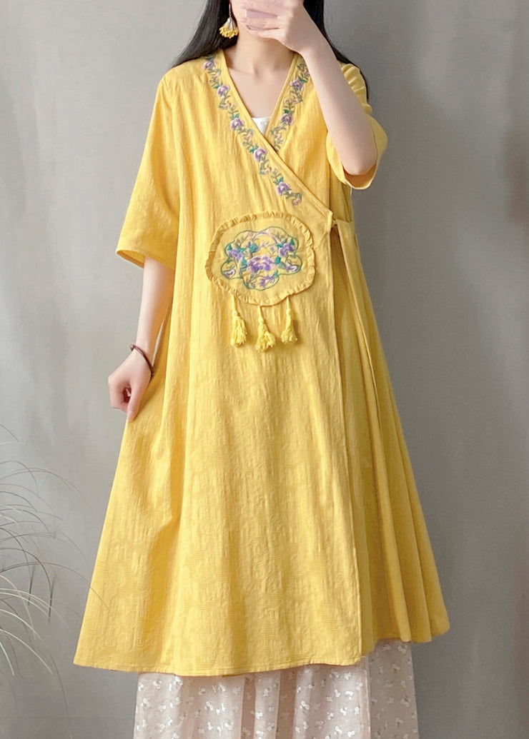 Vintage Yellow V Neck Embroidered Lace Up Cotton Cardigan Summer