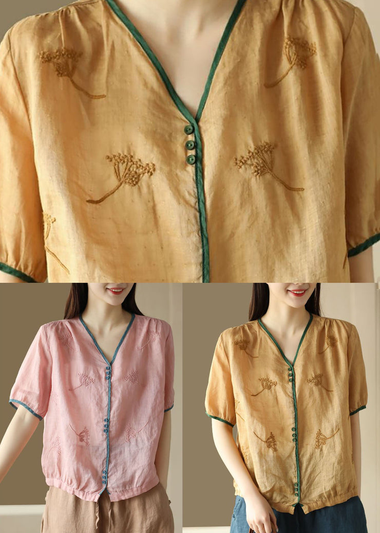 Vintage Yellow V Neck Embroidered Patchwork Linen Top Summer