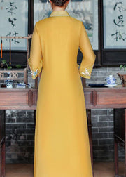 Vintage Yellow V Neck Embroidered Patchwork Silk Dress Summer
