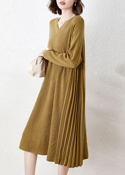 Vintage Yellow V Neck Patchwork Wrinkled Woolen Long Knit Dress Long Sleeve