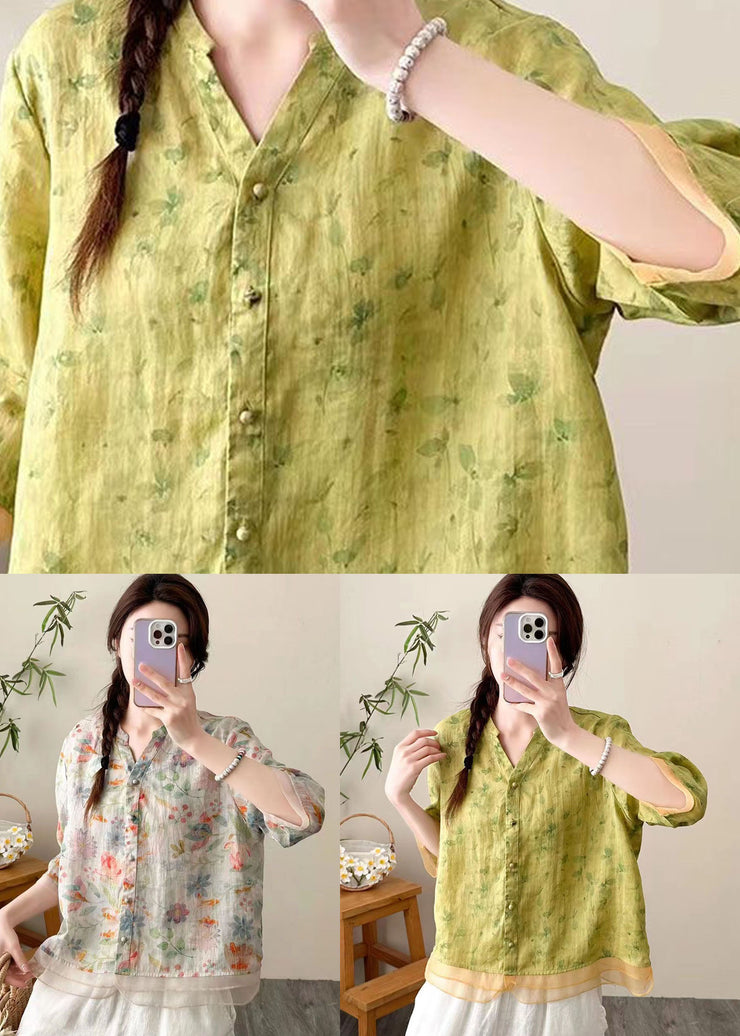 Vintage Yellow V Neck Print Button Patchwork Linen Top Summer