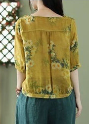 Vintage Yellow V Neck Print Linen Shirt Tops Half Sleeve