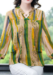 Vintage Yellow V Neck Print Patchwork Silk Shirt Tops Bracelet Sleeve