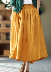 Vintage Yellow Wrinkled Patchwork Drawstring Linen Skirts Spring