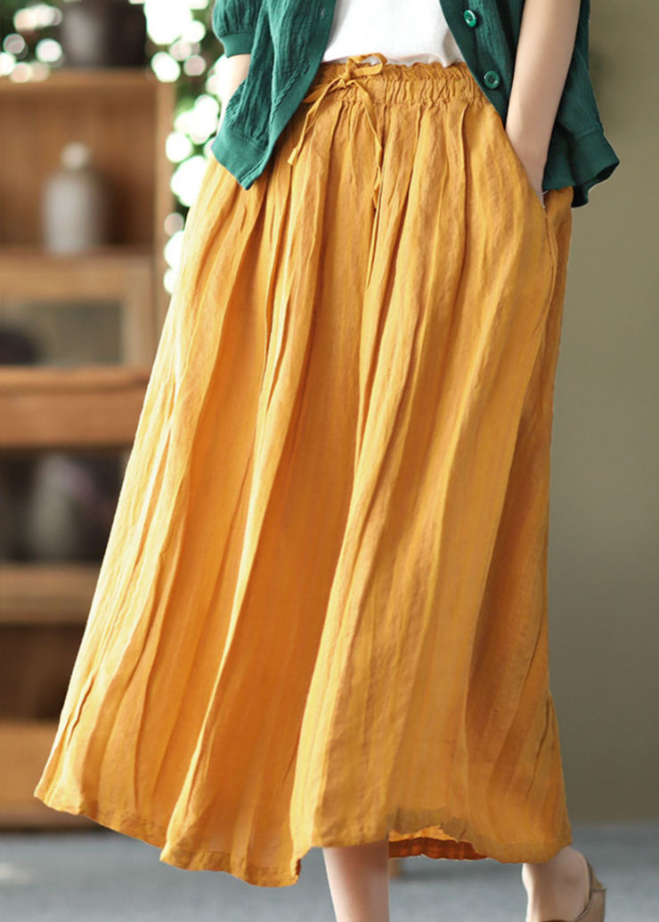 Vintage Yellow Wrinkled Patchwork Drawstring Linen Skirts Spring