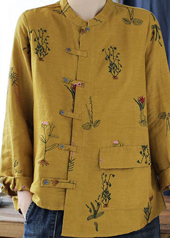 Vintage Yellow asymmetrical design Button Linen Blouses top Long Sleeve