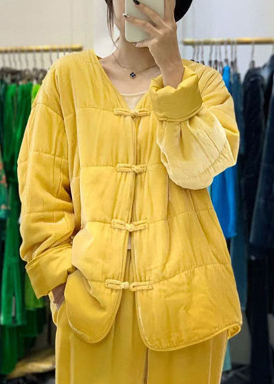 Vintage Yellow button V Neck Fine Cotton Filled coats Winter