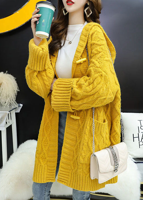 Vintage Yellow hooded Pockets Loose Fall Knit Sweater Coat