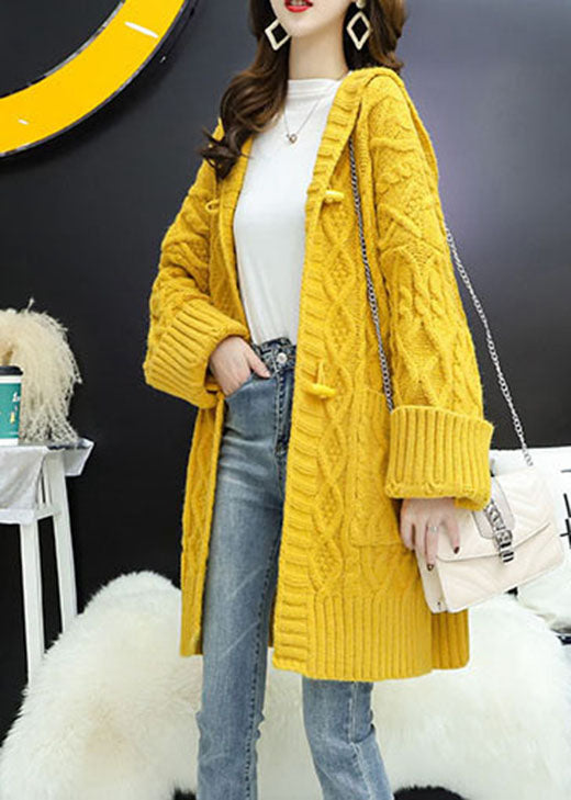 Vintage Yellow hooded Pockets Loose Fall Knit Sweater Coat