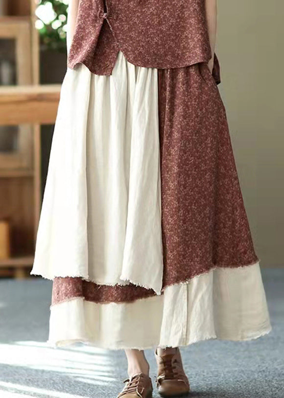 Vintage asymmetrical design elastic waist layered design Pockets Linen Skirt Summer