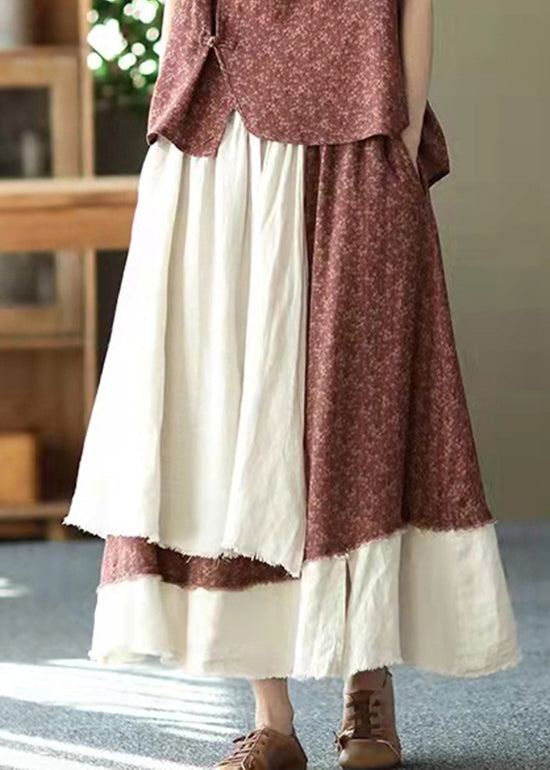 Vintage asymmetrical design elastic waist layered design Pockets Linen Skirt Summer