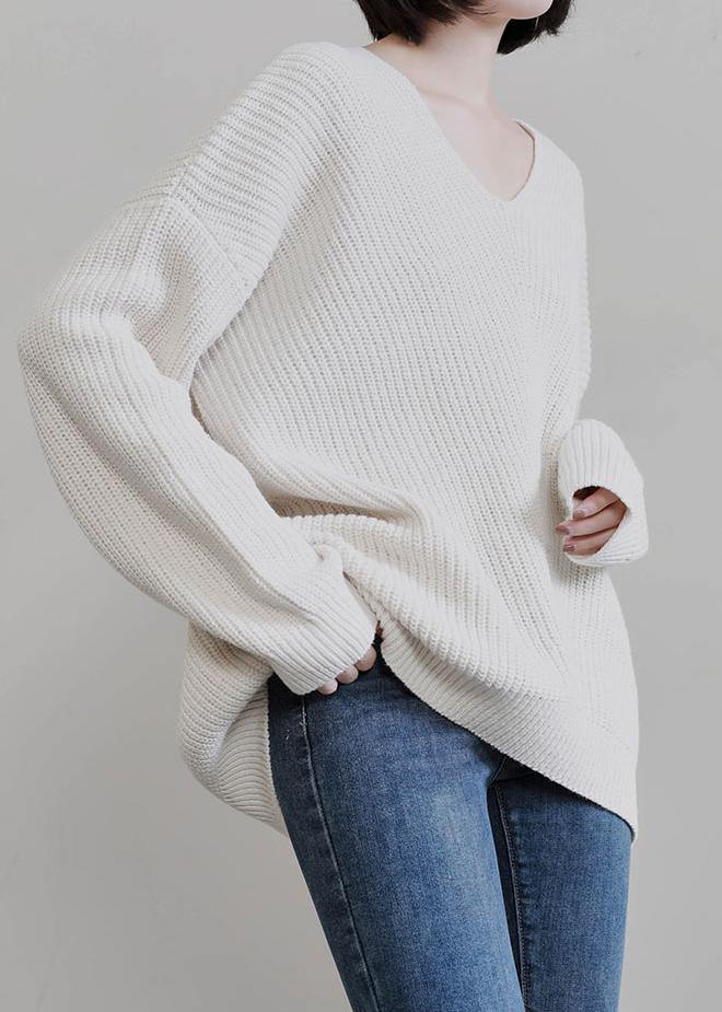 Vintage beige knit tops fall fashion v neck Batwing Sleeve knitted t shirt - SooLinen