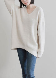 Vintage beige knit tops fall fashion v neck Batwing Sleeve knitted t shirt - SooLinen