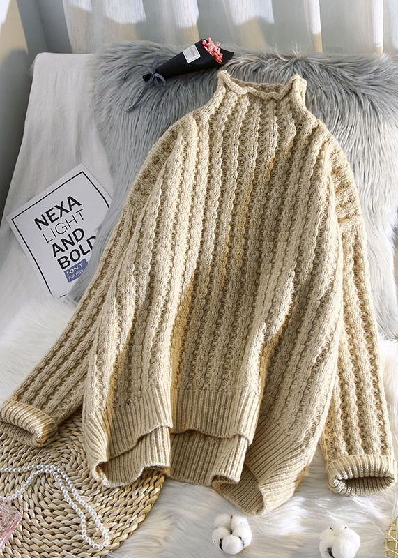 Vintage beige knitted pullover low high design plus size clothing half high neck knit sweat tops - SooLinen