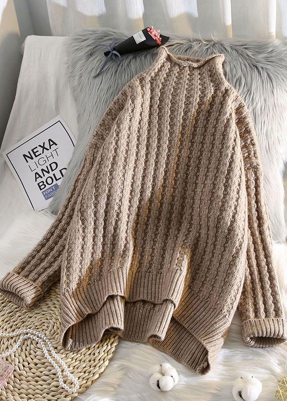 Vintage beige knitted pullover low high design plus size clothing half high neck knit sweat tops - SooLinen