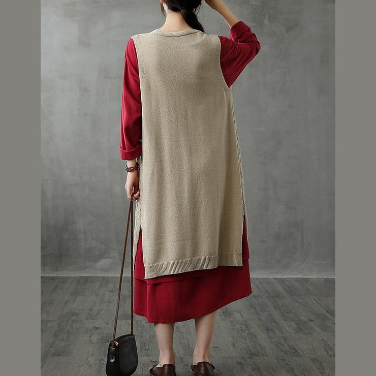 Vintage beige plus size v neck sleeveless knit sweat tops - SooLinen