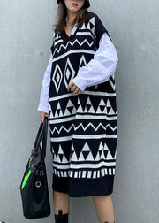 Vintage black Geometric Sweater Wardrobes Beautiful v neck DIY sweater dress - SooLinen