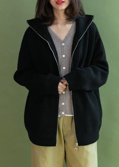 Vintage black Loose fitting winter zippered knit outwear - SooLinen
