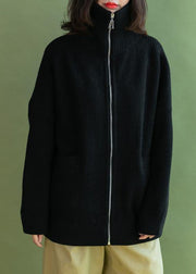 Vintage black Loose fitting winter zippered knit outwear - SooLinen