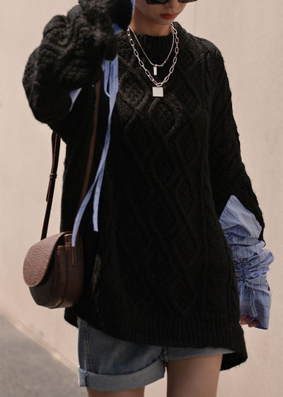 Vintage black crane tops o neck patchwork oversized sweaters - SooLinen