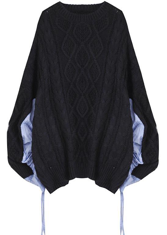 Vintage black crane tops o neck patchwork oversized sweaters - SooLinen