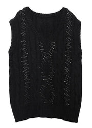 Vintage black knit blouse sleeveless plus size v neck knit sweat tops - SooLinen