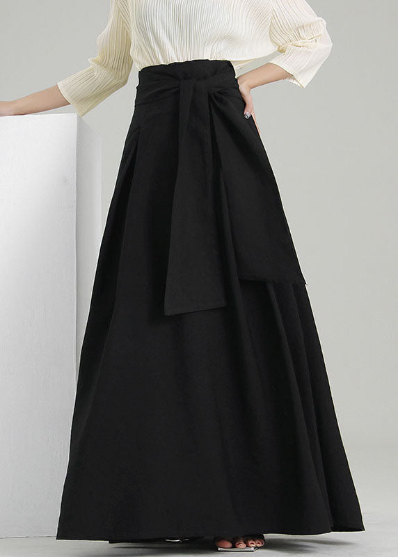 Vintage black tie waist wrinkled maxi Skirts Spring