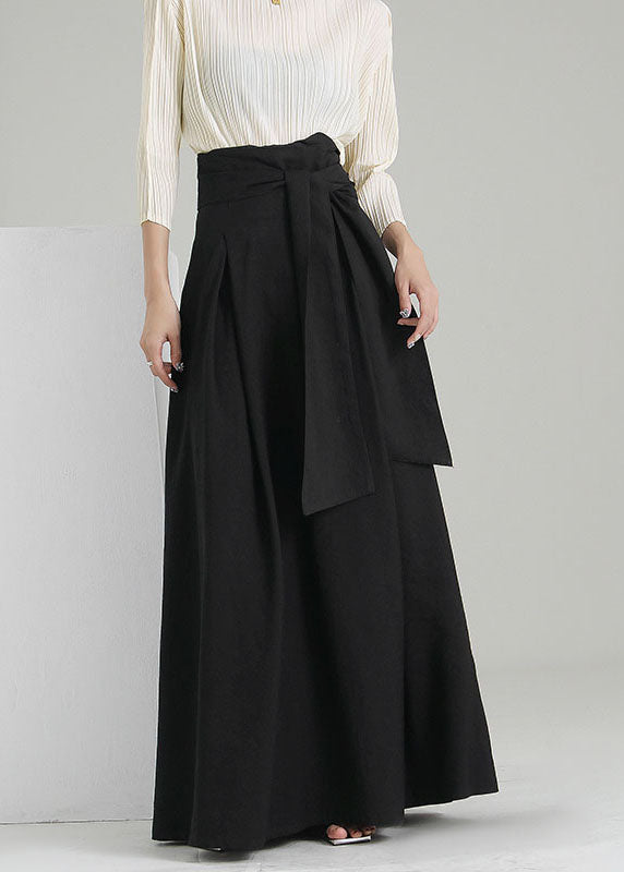 Vintage black tie waist wrinkled maxi Skirts Spring