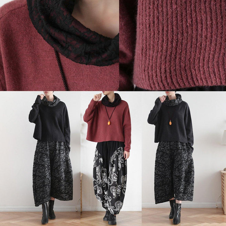 Vintage black tops casual high neck knitwear Batwing Sleeve top - SooLinen