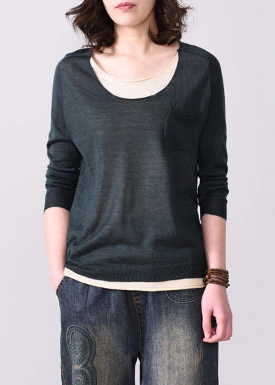 Vintage blackish green knit t shirt plussize o neck knit sweat tops false two pieces - SooLinen