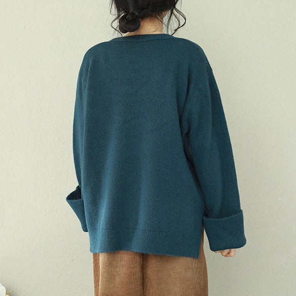 Vintage blue Sweater outfit DIY v neck Hipster knitted tops