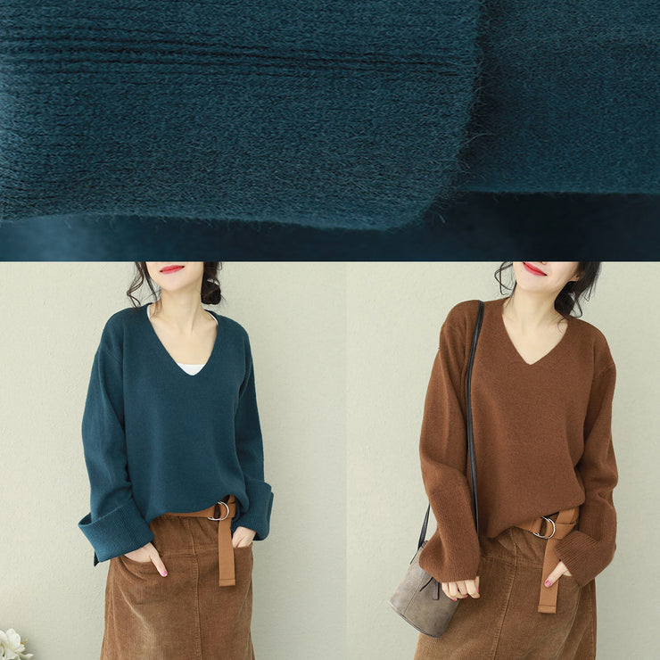 Vintage blue Sweater outfit DIY v neck Hipster knitted tops