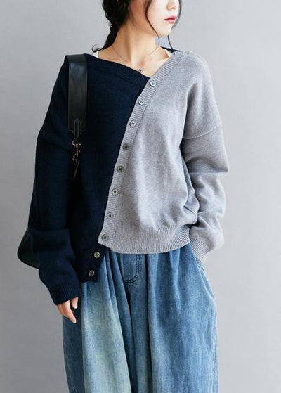 Vintage blue clothes v neck patchwork Loose fitting fall sweaters - SooLinen