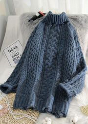 Vintage blue knit blouse spring plus size high neck knit sweat tops - SooLinen