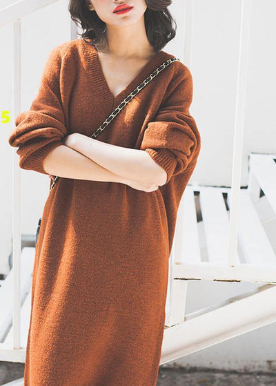 Vintage chocolate Sweater Wardrobes Street Style v neck baggy daily sweater dresses - SooLinen