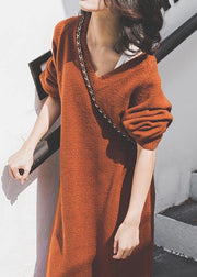 Vintage chocolate Sweater Wardrobes Street Style v neck baggy daily sweater dresses - SooLinen