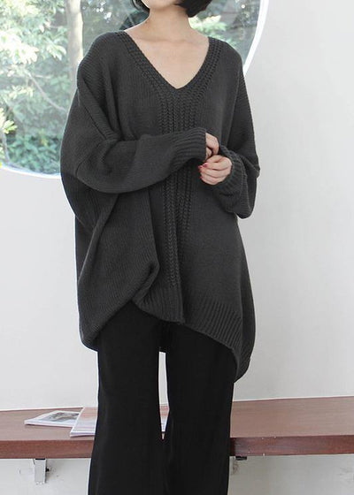 Vintage dark gray knitted blouse fall fashion v neck Batwing Sleeve knitted clothes - SooLinen