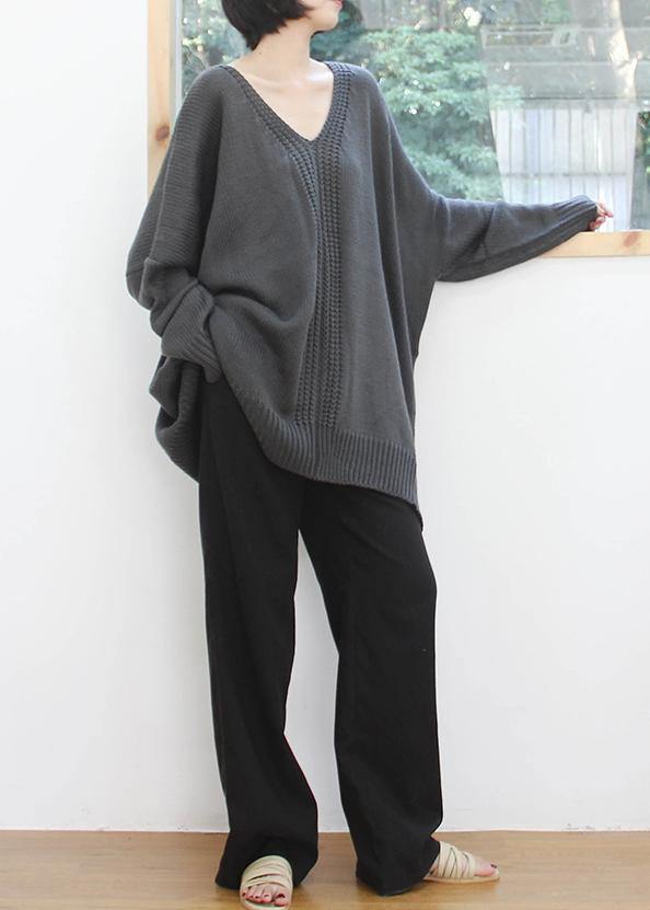 Vintage dark gray knitted blouse fall fashion v neck Batwing Sleeve knitted clothes - SooLinen