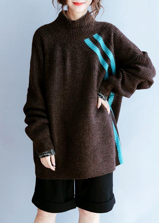 Vintage fall chocolate striped knitted blouse casual high neck knitted clothes - SooLinen