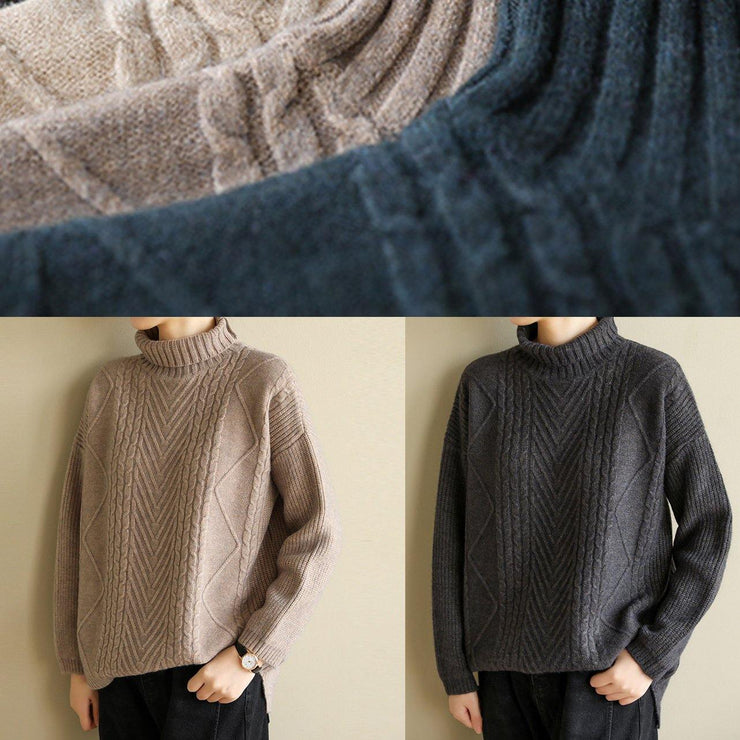 Vintage gray black knitted top cable fashion high neck knitwear - SooLinen