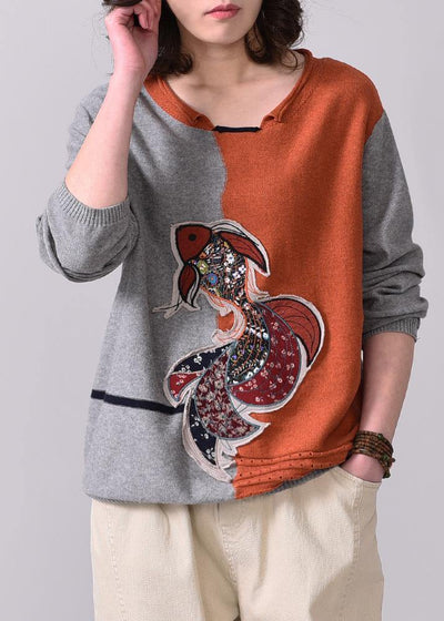 Vintage gray patchwork orange knit t shirt trendy plus size Appliques autumn knitted sweater long sleeve - SooLinen