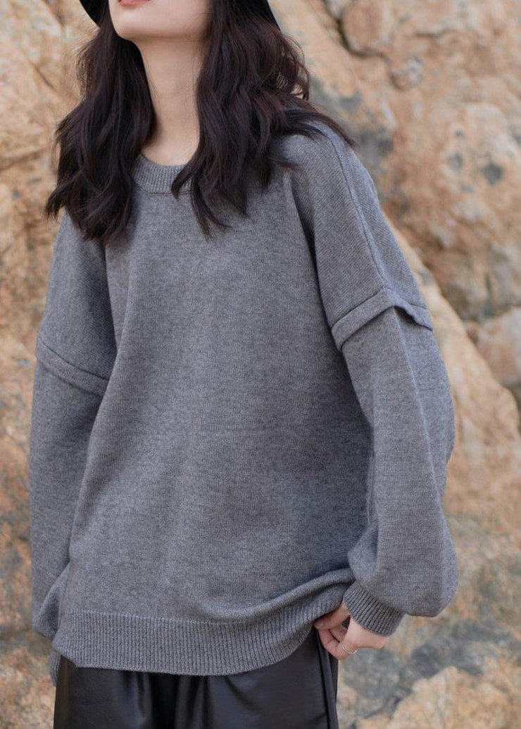 Vintage gray sweaters oversized o neck Cinched Sweater Blouse - SooLinen